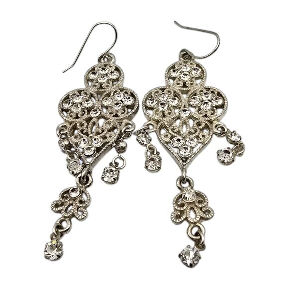 Pierced Earrings Wedding Dangle Heart Links Clear Rhinestones Silver Tone - Picture 2 of 5